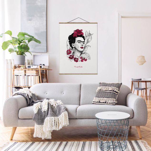 Stoffbilder mit Posterleisten Frida Kahlo Portrait mit Blüten