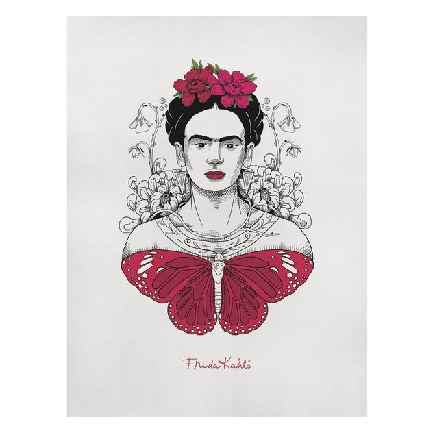 Leinwandbilder Frida Kahlo Portrait mit Blüten und Schmetterling