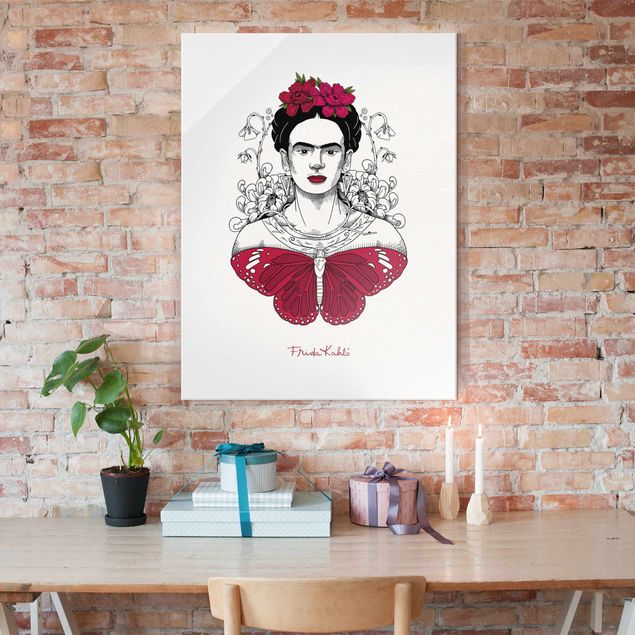 XXL Glasbilder Frida Kahlo Portrait mit Blüten und Schmetterling