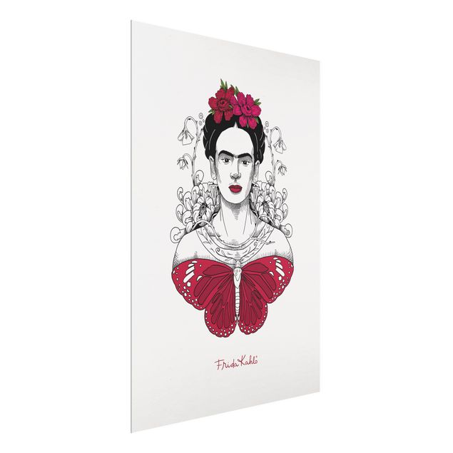 Wandbilder Frida Kahlo Portrait mit Blüten und Schmetterling