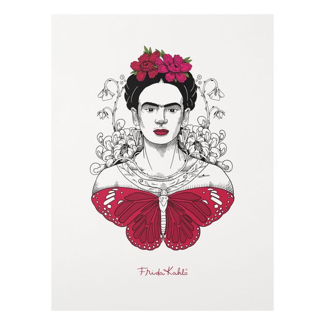 Bilder auf Glas Frida Kahlo Portrait mit Blüten und Schmetterling