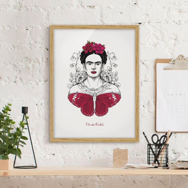 Moderne Bilder mit Rahmen Frida Kahlo Portrait mit Blüten und Schmetterling