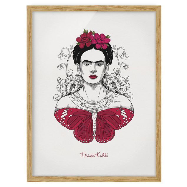 schöne Bilder Frida Kahlo Portrait mit Blüten und Schmetterling