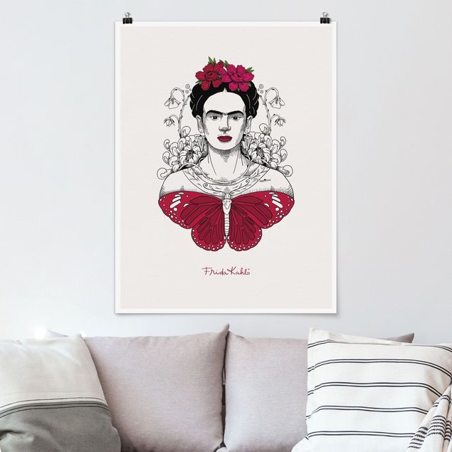 Wand Poster XXL Frida Kahlo Portrait mit Blüten und Schmetterling