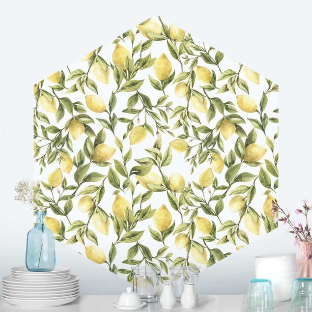 Mustertapeten Fruchtige Zitronen mit Blättern