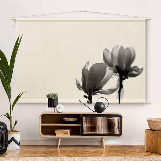 Moderne Wandteppiche Frühlingsbote Magnolie Schwarz Weiß