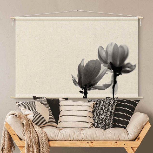 Wandbehang Stoffbild Frühlingsbote Magnolie Schwarz Weiß