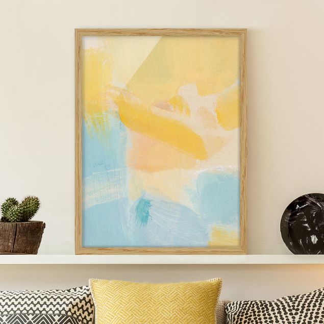 Moderne Bilder mit Rahmen Frühlingskomposition in Gelb und Blau