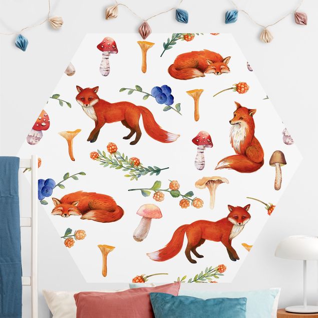 Hexagon Mustertapete selbstklebend - Fuchs mit Pilzen Illustration