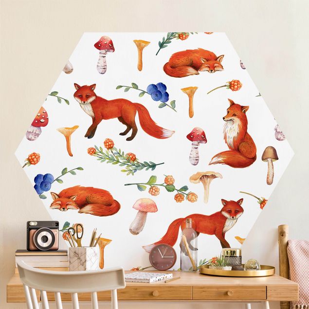 Hexagon Mustertapete selbstklebend - Fuchs mit Pilzen Illustration