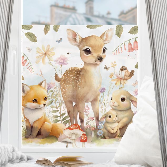Fensterfolie bunt Fuchs Rehkitz und Hase auf Blumenwiese