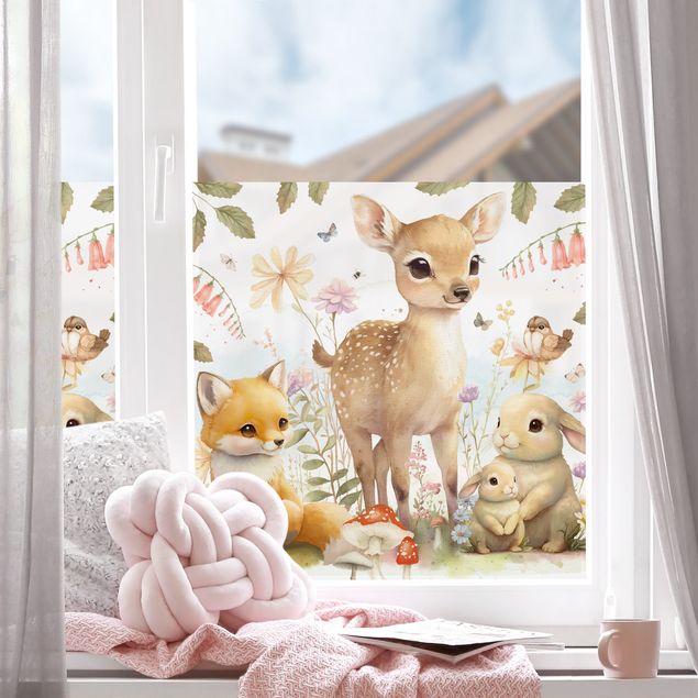 Fensterfolie Fuchs Rehkitz und Hase auf Blumenwiese
