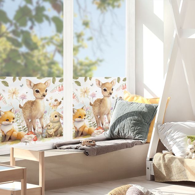 Fensterbilder Fuchs Rehkitz und Hase auf Blumenwiese
