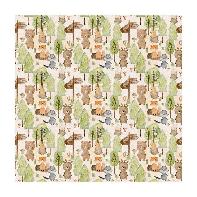 Kork-Teppich - Fuchs und Bär mit Bäumen - Quadrat 1:1