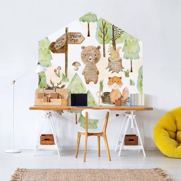 Design Tapeten Fuchs und Bär mit Bäumen