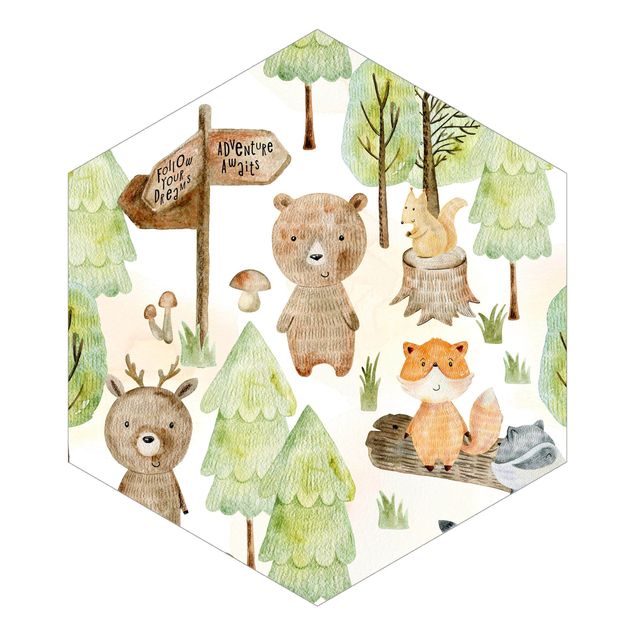 Tapeten Fuchs und Bär mit Bäumen