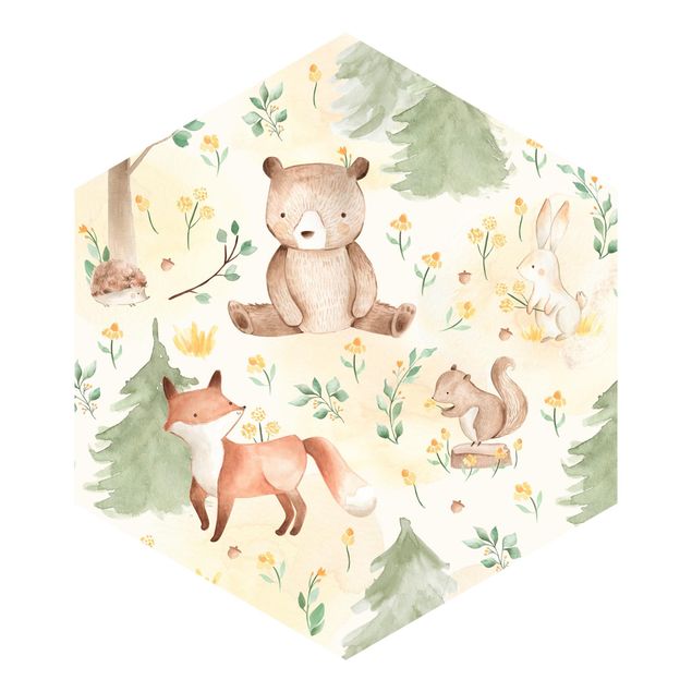 Hexagon Fototapete selbstklebend - Fuchs und Bär mit Blumen und Bäumen