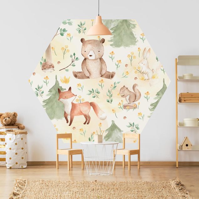 Design Tapeten Fuchs und Bär mit Blumen und Bäumen