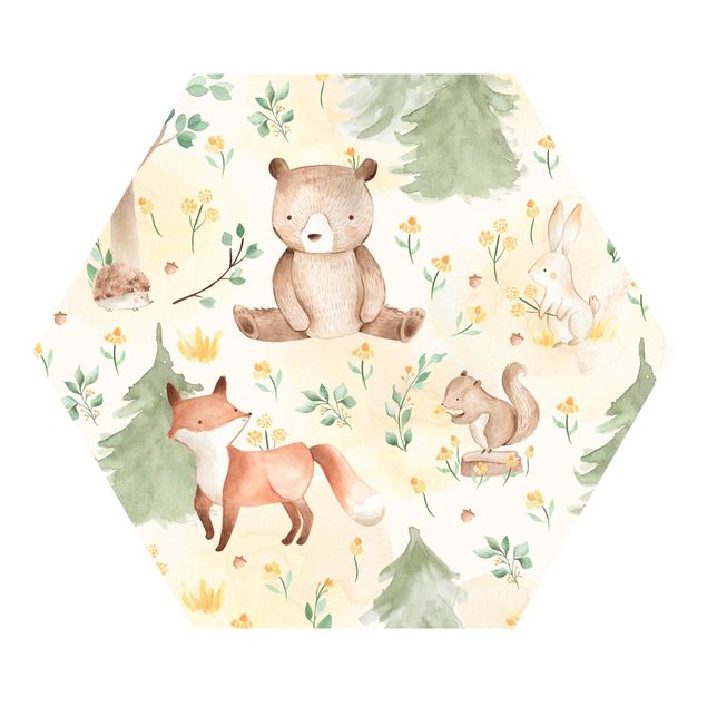 Tapete selbstklebend Fuchs und Bär mit Blumen und Bäumen