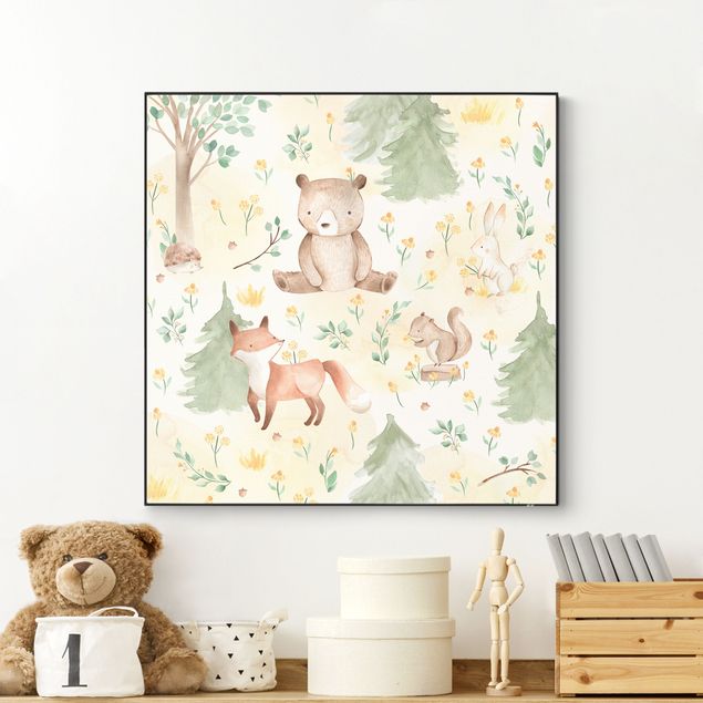 Wechselbild - Fuchs und Bär mit Blumen und Bäumen