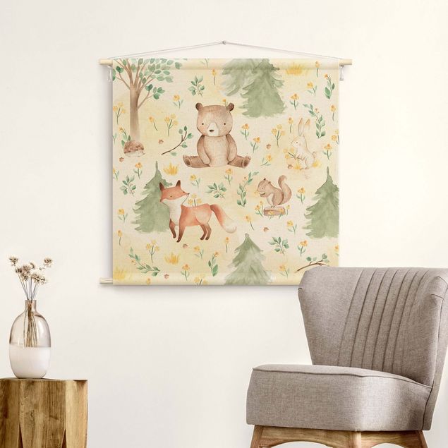 Wandbehang groß Fuchs und Bär mit Blumen und Bäumen
