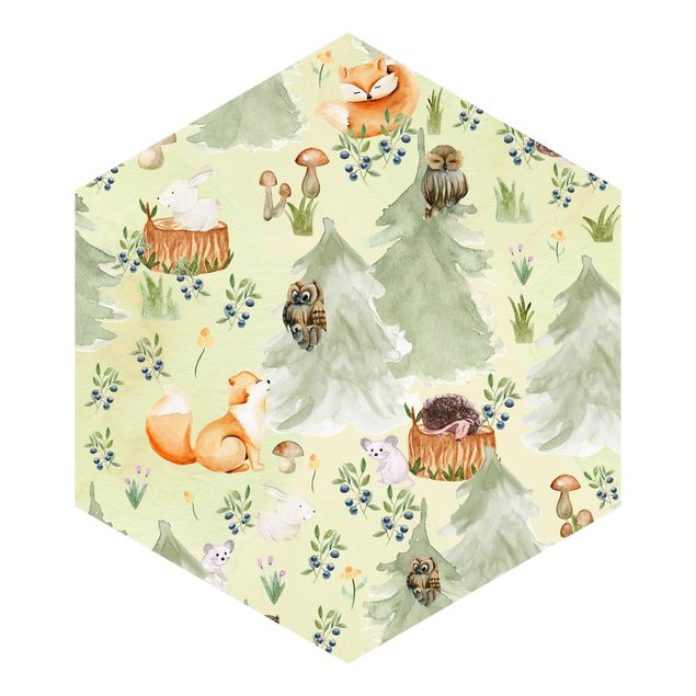Hexagon Mustertapete selbstklebend - Fuchs und Eule mit Bäumen