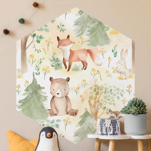 Hexagon Mustertapete selbstklebend - Fuchs und Hase mit Bäumen