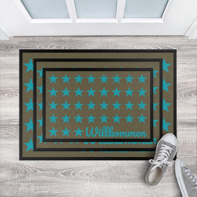 Moderner Teppich Willkommen Sterne braun türkisblau