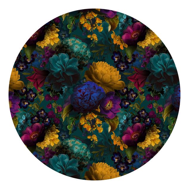 Design Tapeten Gelbe Blüten mit Blauen Blumen vor Türkis