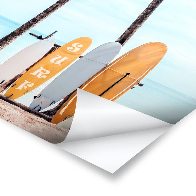 Poster - Gelbe Surfboards unter Palmen - Hochformat 3:4