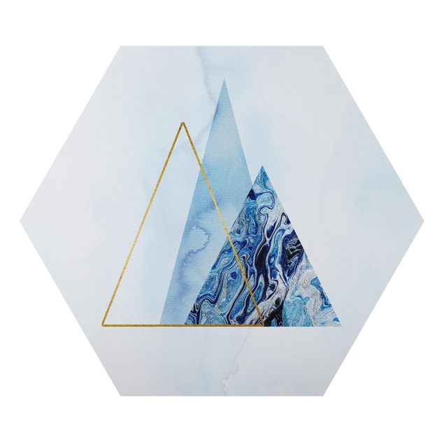 Hexagon-Alu-Dibond Bild - Geometrie in Blau und Gold II