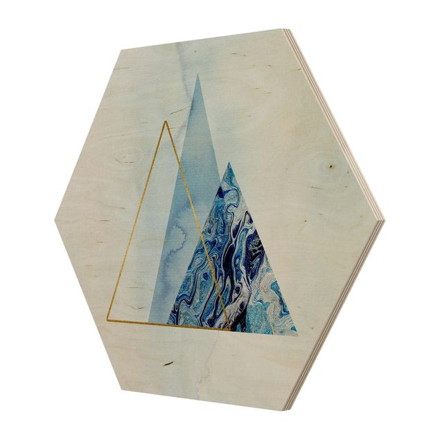 Hexagon-Holzbild - Geometrie in Blau und Gold II