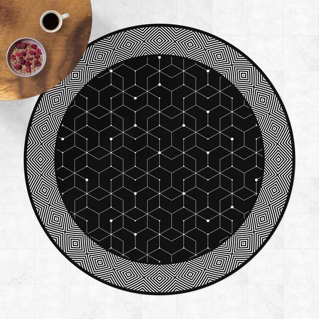 Teppich für Balkon Geometrische Fliesen Punktlinien Schwarz mit Bordüre