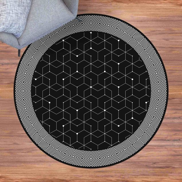 Teppich modern Geometrische Fliesen Punktlinien Schwarz mit Bordüre
