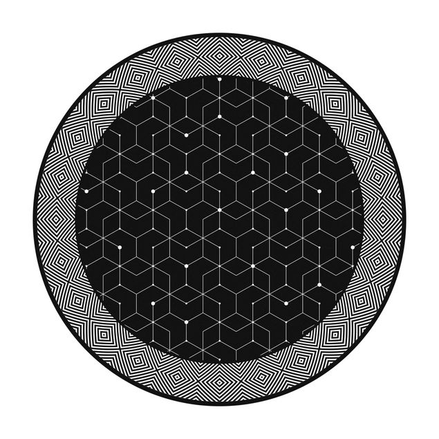 Vinyl-Matten Geometrische Fliesen Punktlinien Schwarz mit Bordüre