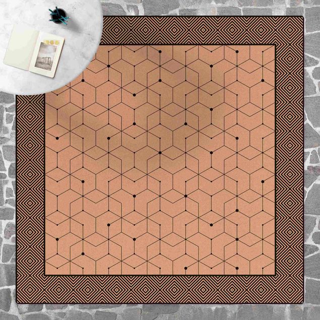 Moderner Teppich Geometrische Fliesen Punktlinien Schwarz Weiß mit Bordüre