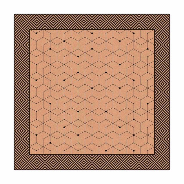 Kork-Teppich - Geometrische Fliesen Punktlinien Schwarz Weiß mit Bordüre - Quadrat 1:1