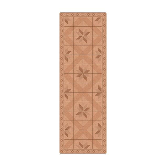 Kork-Teppich - Geometrische Fliesen Rautenblüte Sand mit schmaler Bordüre - Hochformat 1:2