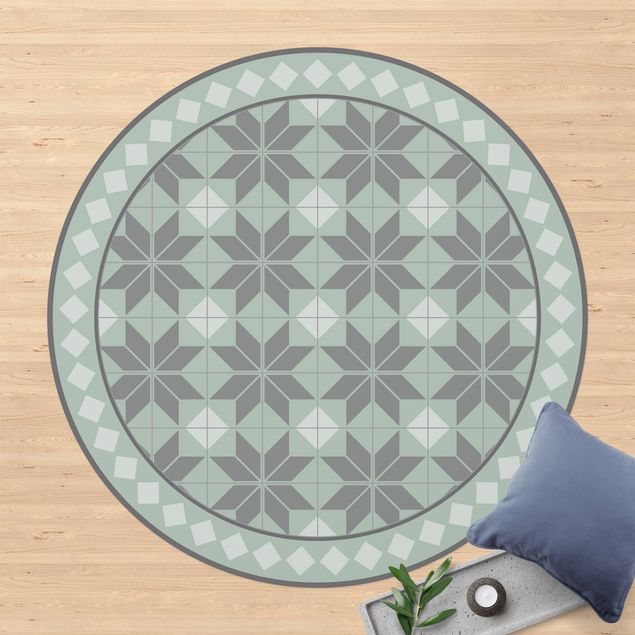 Teppich modern Geometrische Fliesen Sternblume Mintgrün mit Bordüre