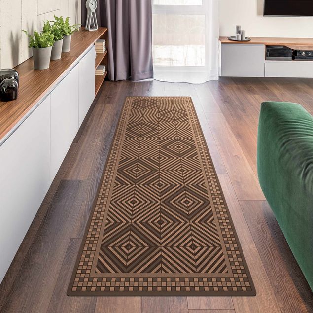 Teppich modern Geometrische Fliesen Strudel Grau mit schmalem Mosaikrahmen
