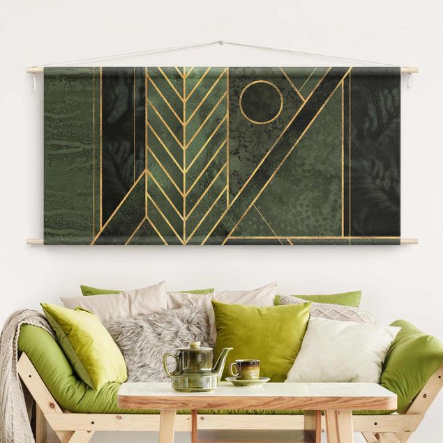 Wandteppich modern Geometrische Formen Smaragd Gold