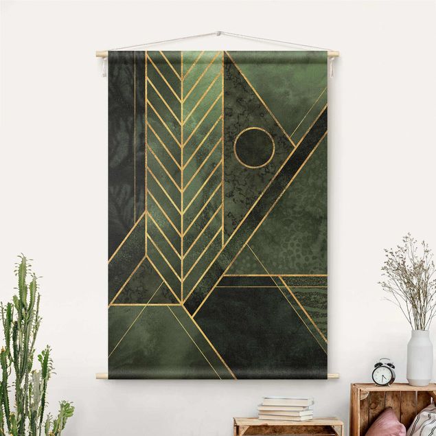Wandteppich modern Geometrische Formen Smaragd Gold