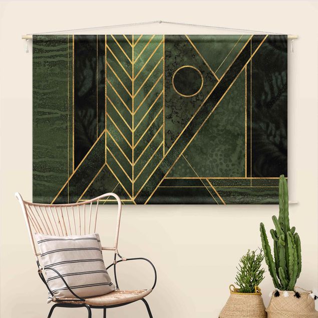 Wandbehang Stoffbild Geometrische Formen Smaragd Gold