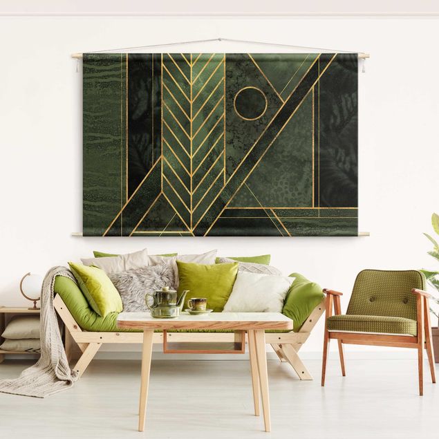 Wandbehang Tuch Geometrische Formen Smaragd Gold