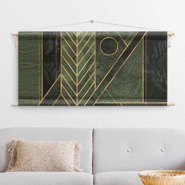 Wandteppich groß Geometrische Formen Smaragd Gold