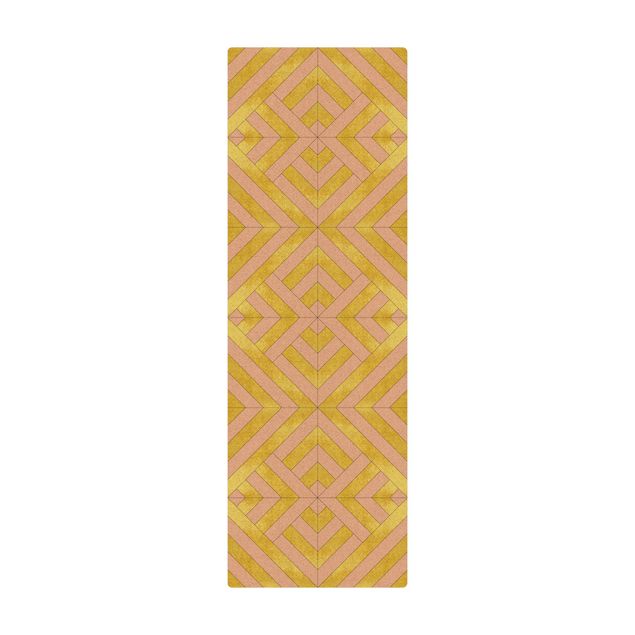 Kork-Teppich - Geometrischer Fliesenmix Art Deco Gold - Hochformat 1:2