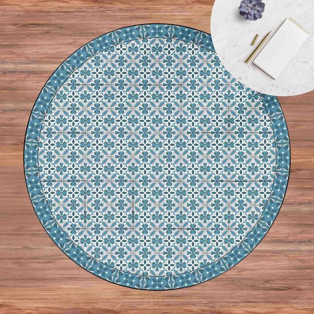 Moderner Teppich Geometrischer Fliesenmix Blüte Blaugrau