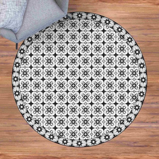 Teppich modern Geometrischer Fliesenmix Blume Schwarz