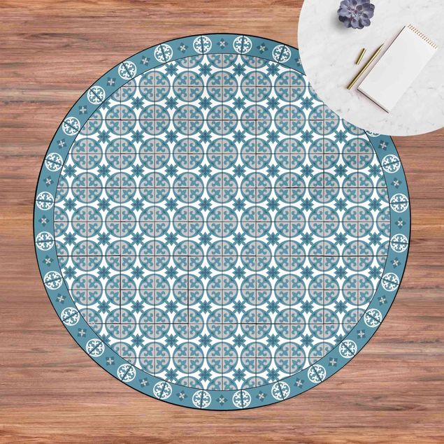 Teppich modern Geometrischer Fliesenmix Kreise Blaugrau