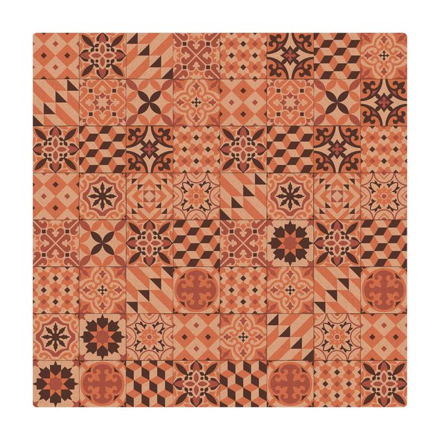 Kork-Teppich - Geometrischer Fliesenmix Orange - Quadrat 1:1